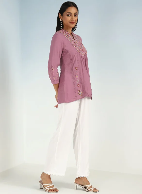 Onion Pink Tunic with Front Yoke Embroidery Detail