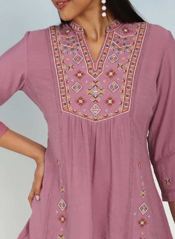 Onion Pink Tunic with Front Yoke Embroidery Detail