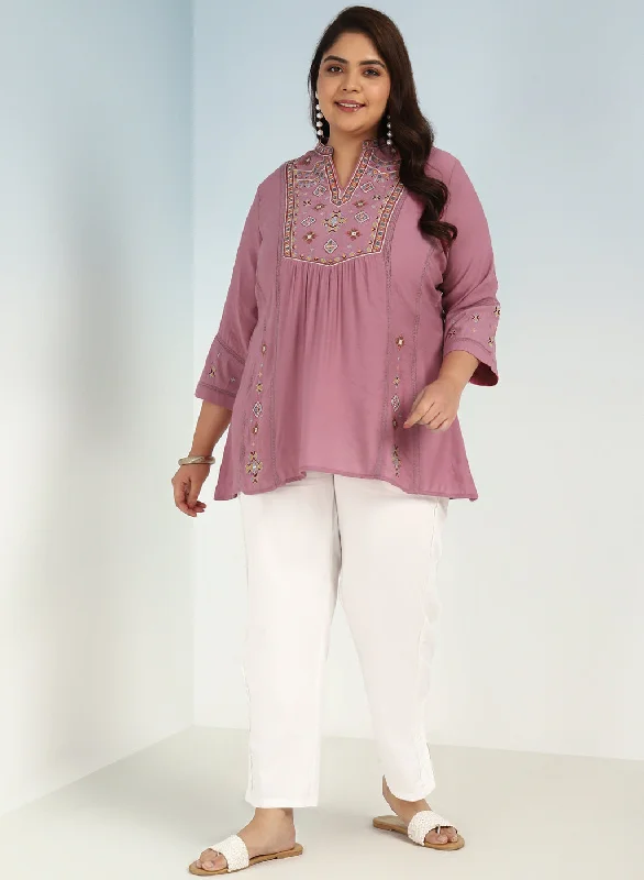 Onion Pink Tunic with Front Yoke Embroidery Detail