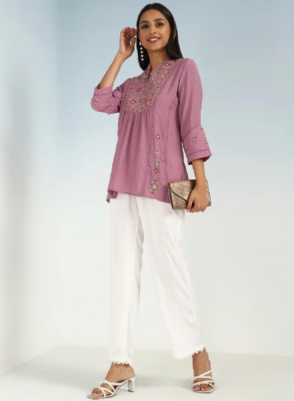 Onion Pink Tunic with Front Yoke Embroidery Detail