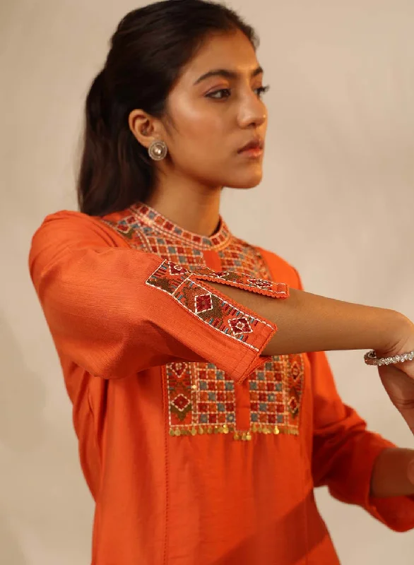 Orange Collared Tunic with Intricate Embroidery and Bell Sleeves