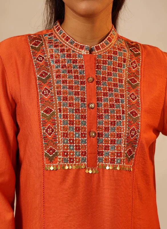 Orange Collared Tunic with Intricate Embroidery and Bell Sleeves