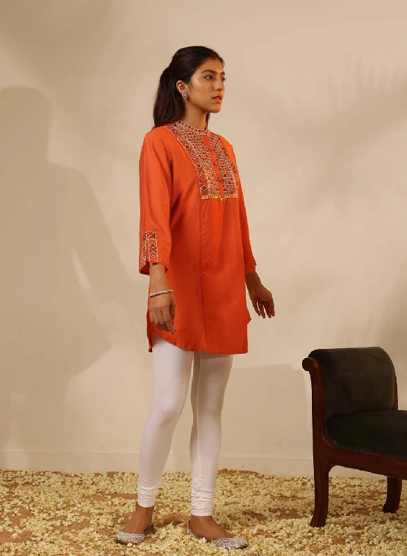 Orange Collared Tunic with Intricate Embroidery and Bell Sleeves