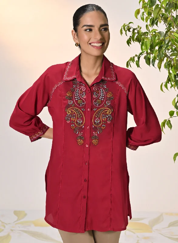 Gul Persian Red Embroidered Crepe Shirt for Women