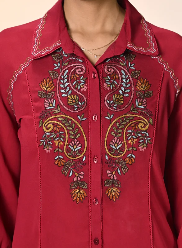 Gul Persian Red Embroidered Crepe Shirt for Women