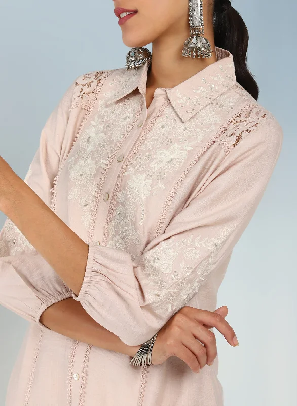 Pink Collared Tunic for Women with Puffed Sleeves