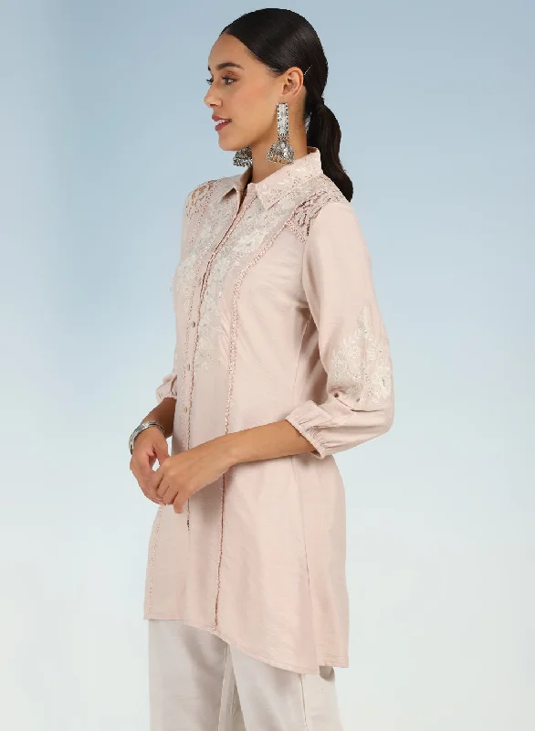 Pink Collared Tunic for Women with Puffed Sleeves