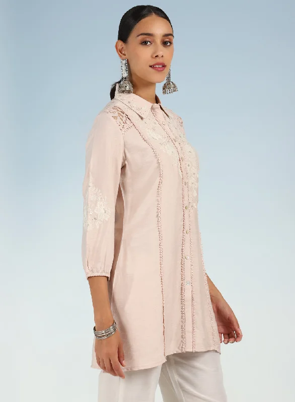 Pink Collared Tunic for Women with Puffed Sleeves