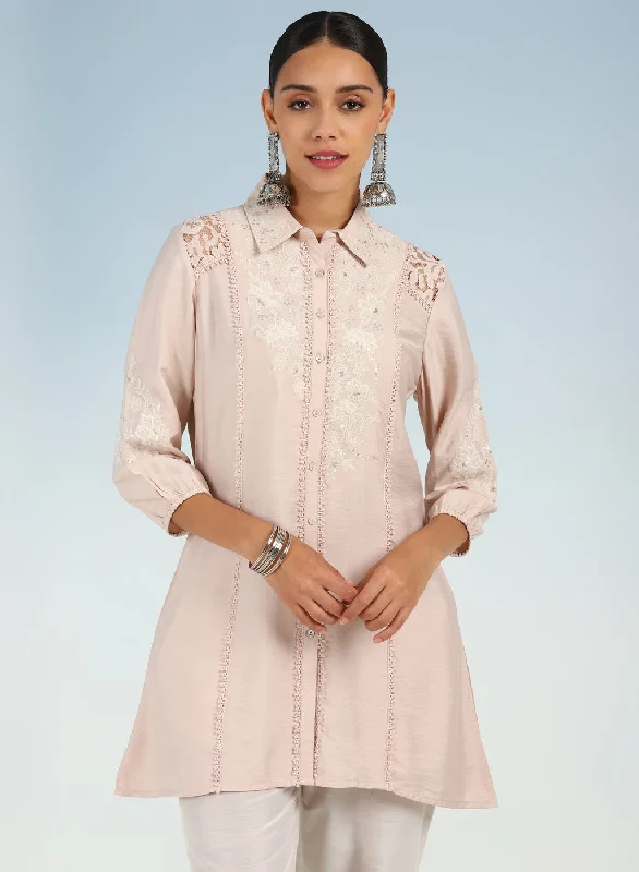 Pink Collared Tunic for Women with Puffed Sleeves