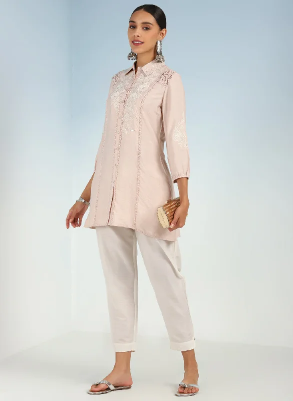 Pink Collared Tunic for Women with Puffed Sleeves