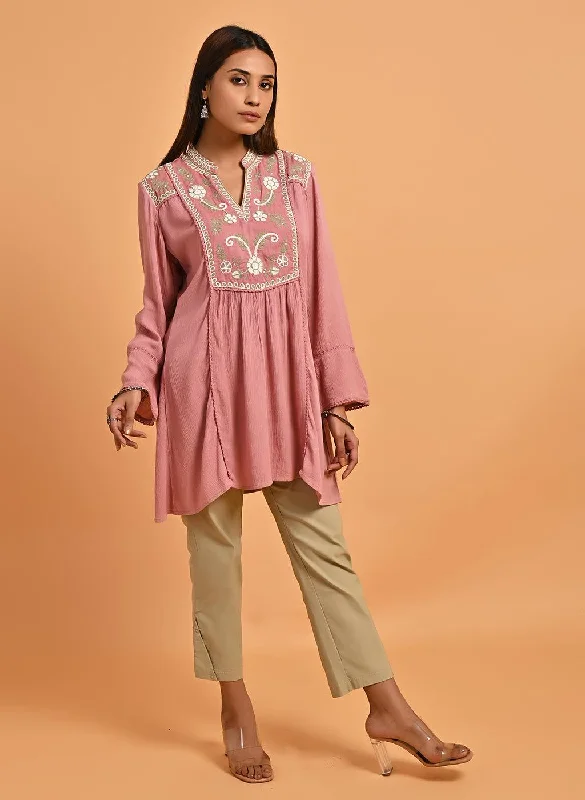 Pink Collared Tunic with Embroidery at Yoke