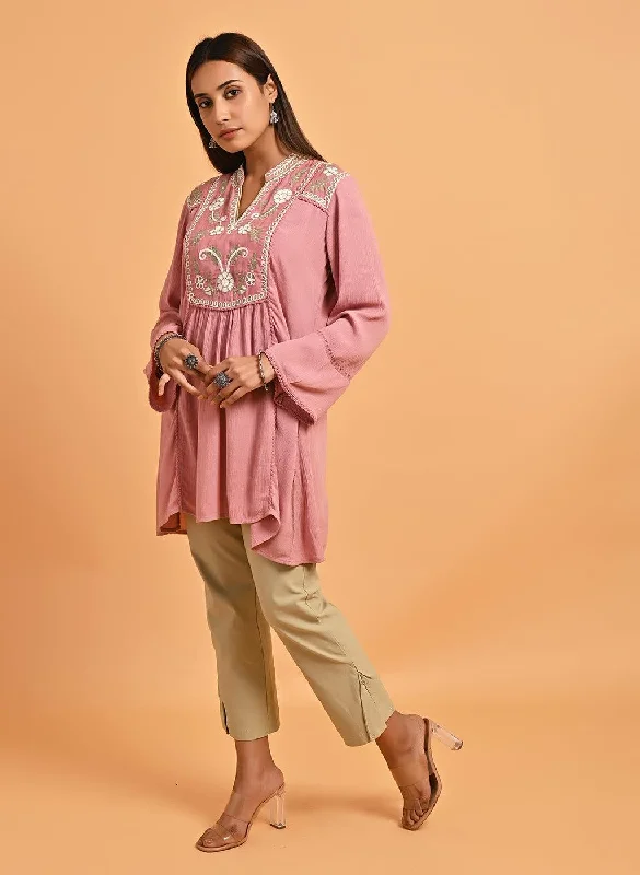 Pink Collared Tunic with Embroidery at Yoke