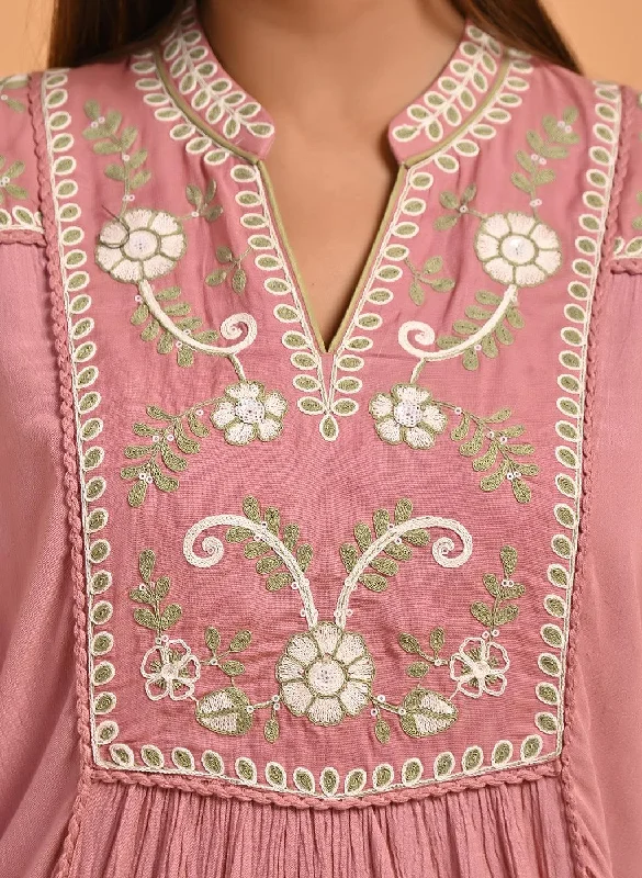 Pink Collared Tunic with Embroidery at Yoke