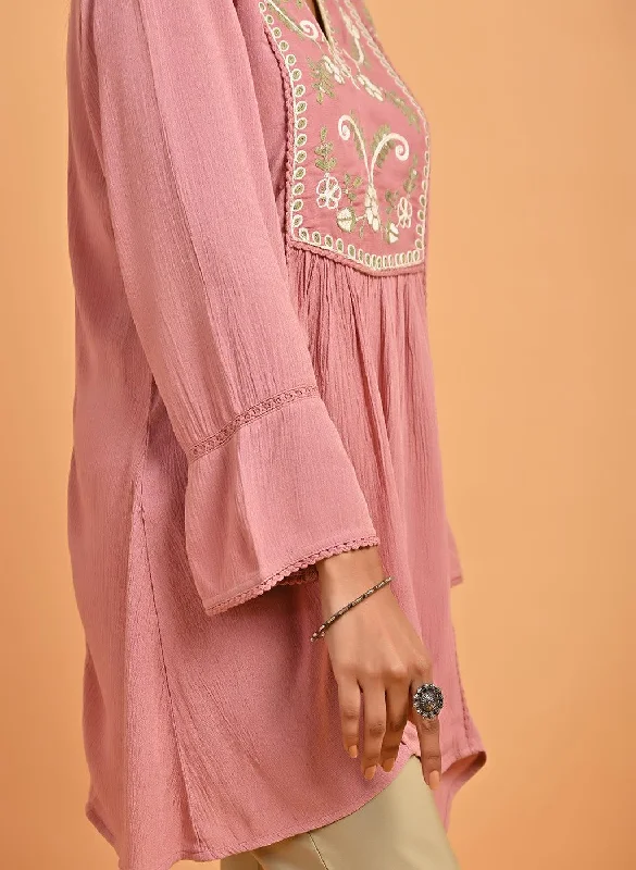 Pink Collared Tunic with Embroidery at Yoke