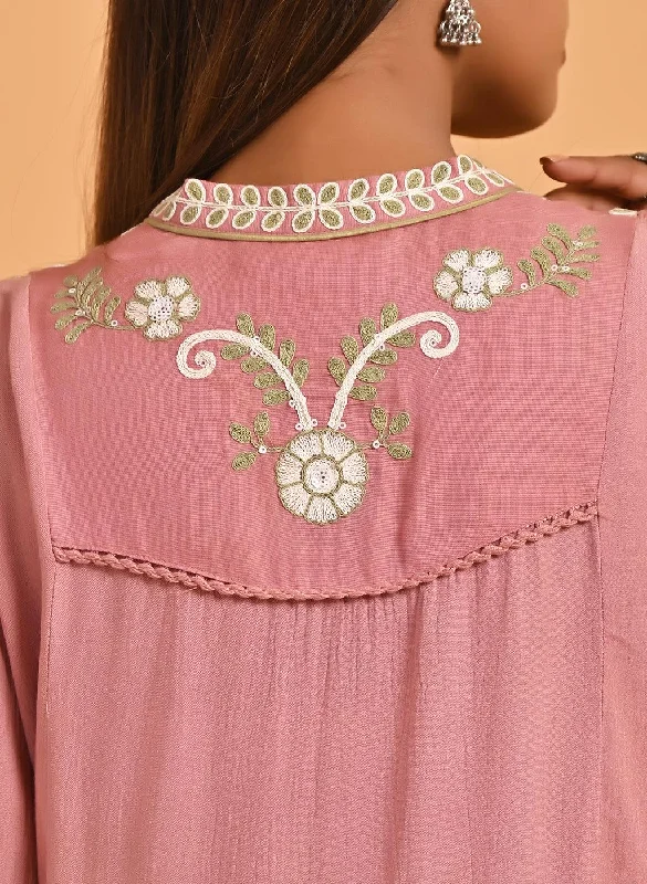 Pink Collared Tunic with Embroidery at Yoke