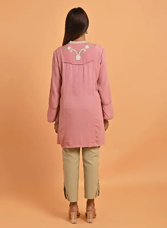 Pink Collared Tunic with Embroidery at Yoke