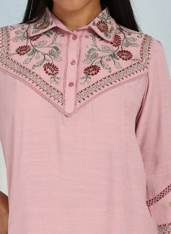 Pink Embroidered Tunic for Women with Classic Collar