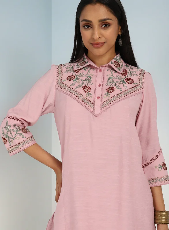 Pink Embroidered Tunic for Women with Classic Collar