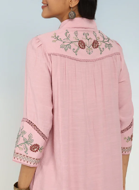 Pink Embroidered Tunic for Women with Classic Collar