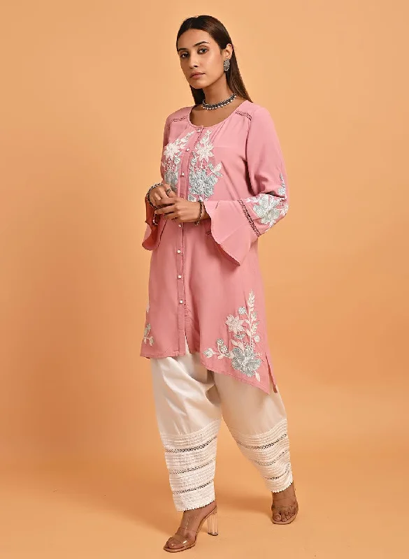 Pink Patchwork Embroidered Tunic with Asymmetrical Hemline