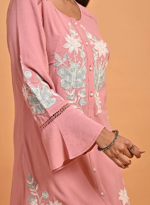 Pink Patchwork Embroidered Tunic with Asymmetrical Hemline