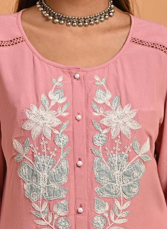 Pink Patchwork Embroidered Tunic with Asymmetrical Hemline