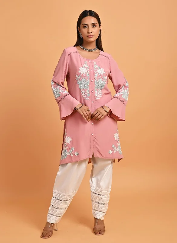 Pink Patchwork Embroidered Tunic with Asymmetrical Hemline