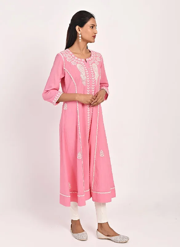 Pink Round-neck Embroidered Straight Kurta for Women