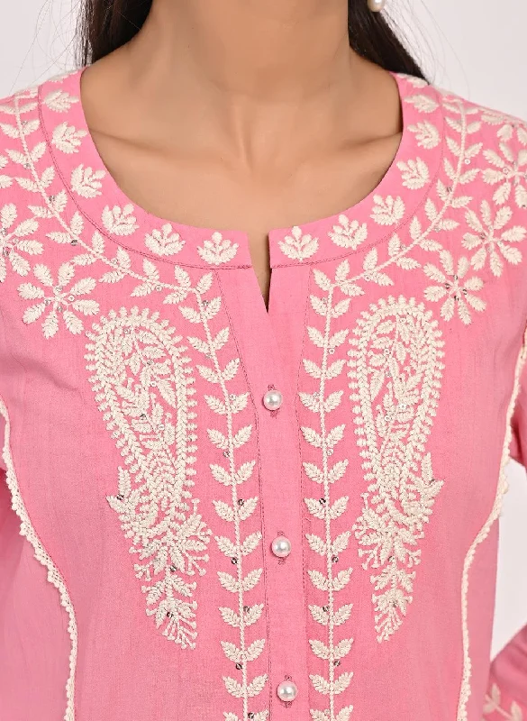 Pink Round-neck Embroidered Straight Kurta for Women