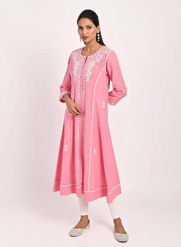 Pink Round-neck Embroidered Straight Kurta for Women