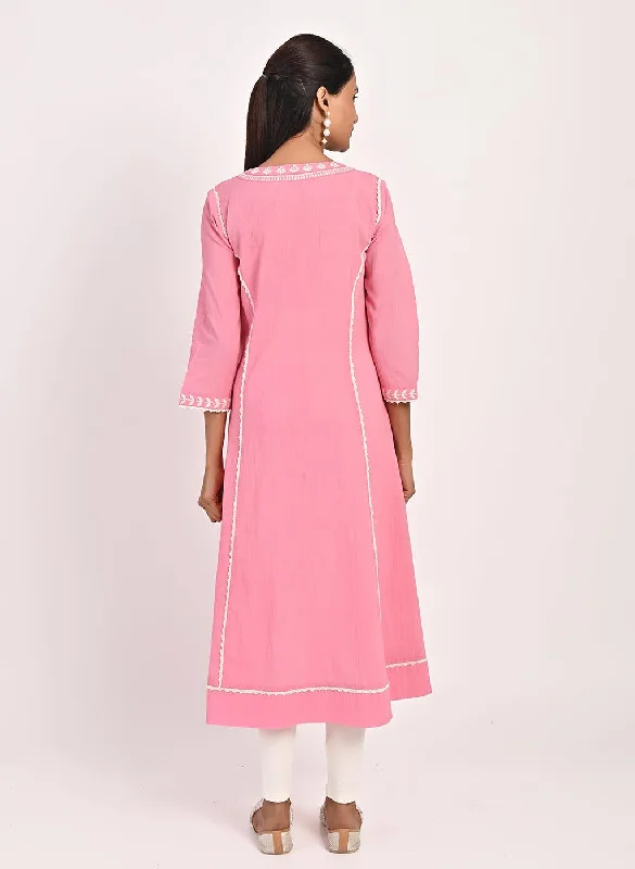 Pink Round-neck Embroidered Straight Kurta for Women