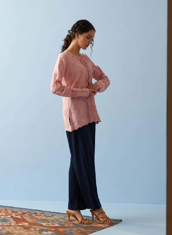 Pink Schiffli Embroidered Tunic with Lace Insert