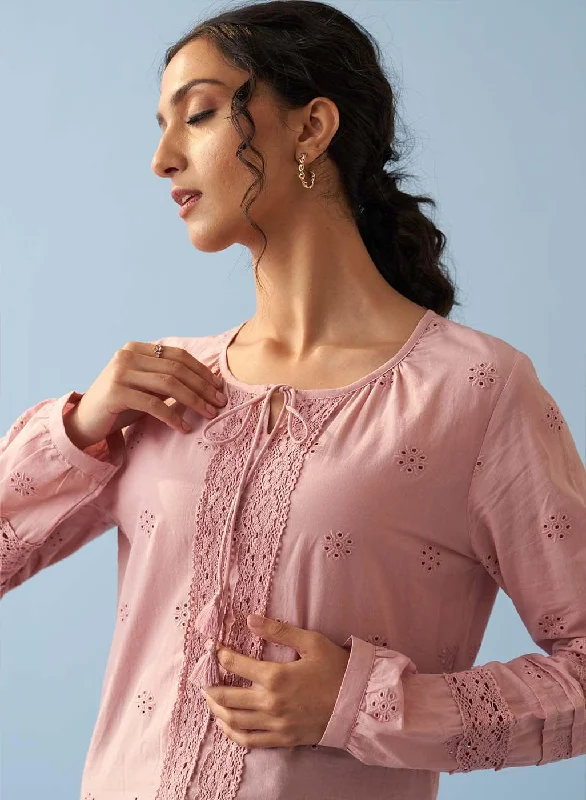 Pink Schiffli Embroidered Tunic with Lace Insert