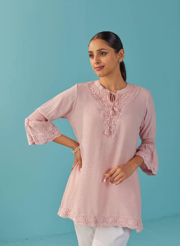 Pink Solid Tunic with Keyhole Neck and Bell Sleeves