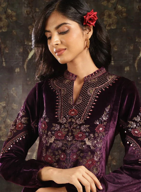 Purple Embroidered Velvet Tunic for Women