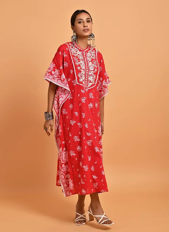 Red Cotton Printed Kaftan Kurta with Embroidery