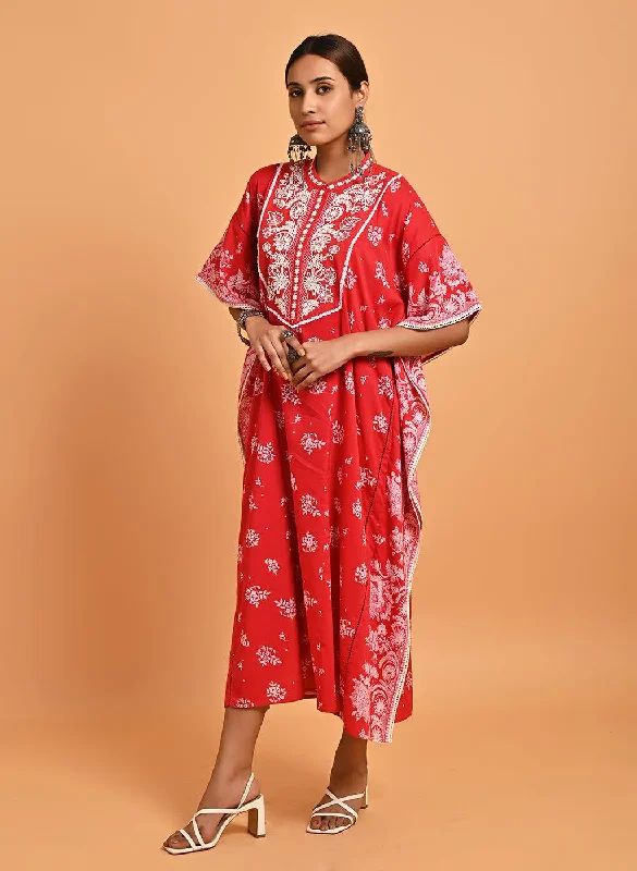 Red Cotton Printed Kaftan Kurta with Embroidery