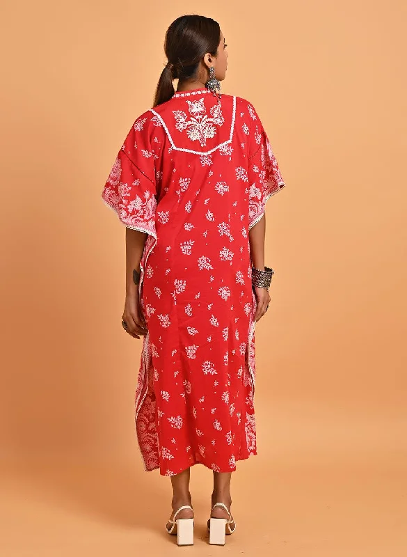 Red Cotton Printed Kaftan Kurta with Embroidery