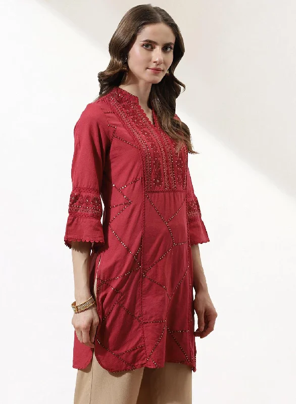 Red Kurti With Delicate Embroidery