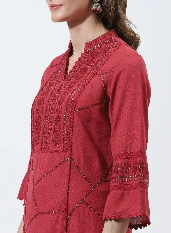 Red Kurti With Delicate Embroidery