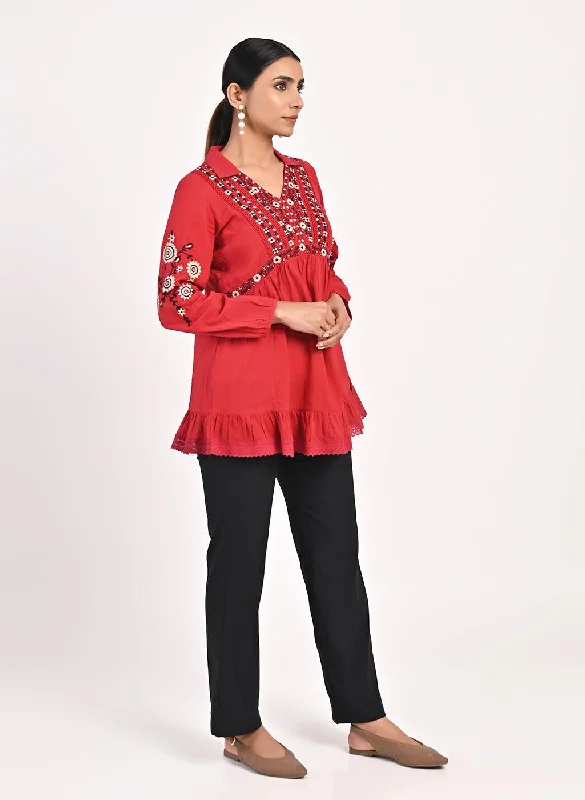 Red Thigh-length Boho Tunic with Collar and Full Sleeves