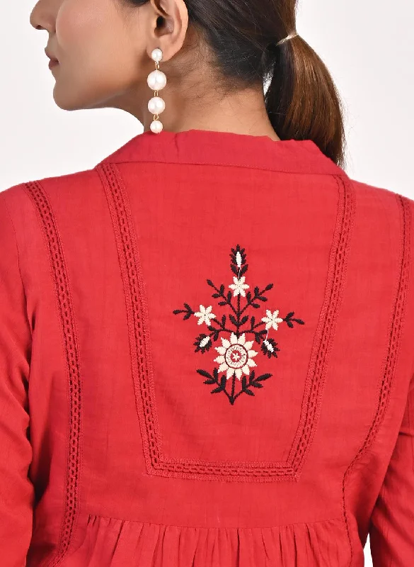 Red Thigh-length Boho Tunic with Collar and Full Sleeves