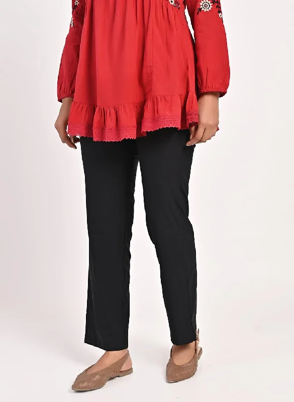 Red Thigh-length Boho Tunic with Collar and Full Sleeves