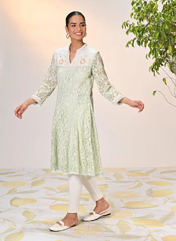 Roza Salmon Green Embroidered Raschel Net Designer
Dress for Women