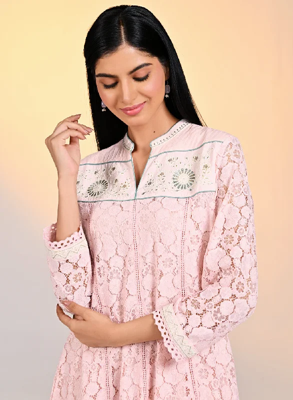 Roza Salmon Pink Embroidered Raschel Net Designer
Dress for Women