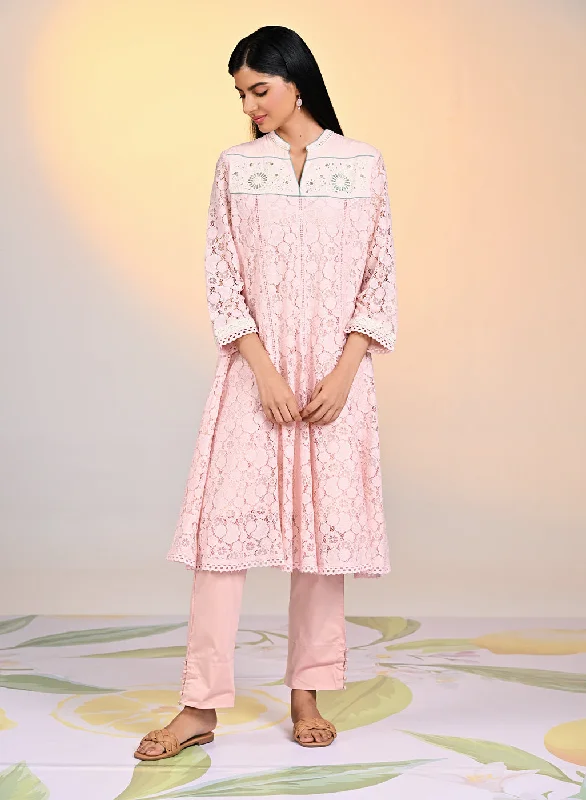 Roza Salmon Pink Embroidered Raschel Net Designer
Dress for Women