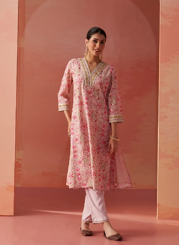 Rumaisa Pink Printed Chanderi Jacquard A-Line Zari Embroidery Co-ord Set