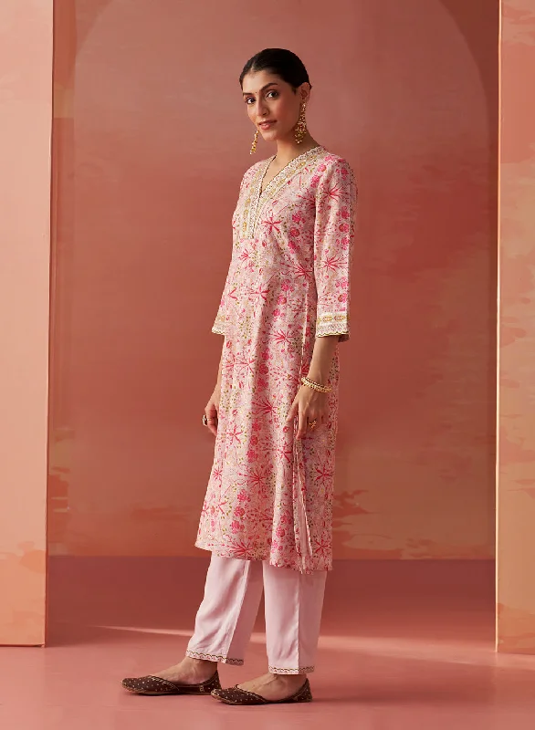 Rumaisa Pink Printed Chanderi Jacquard A-Line Zari Embroidery Co-ord Set