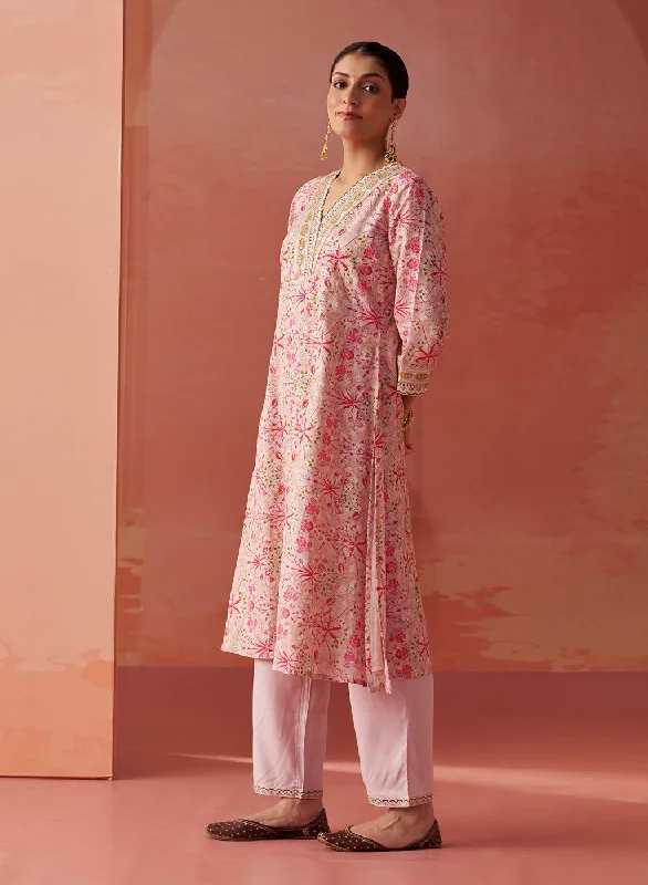 Rumaisa Pink Printed Chanderi Jacquard A-Line Zari Embroidery Co-ord Set