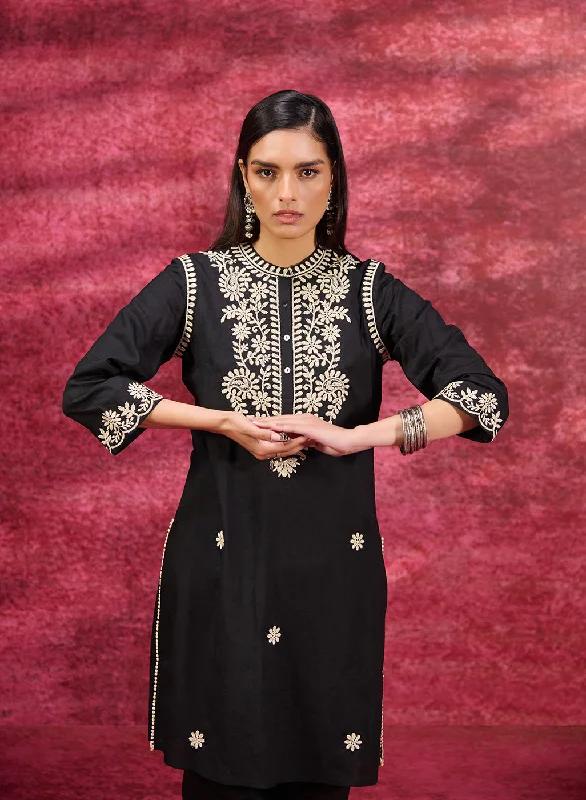 Saadgi Black Embroidered Cotton Linen Tunic for Women